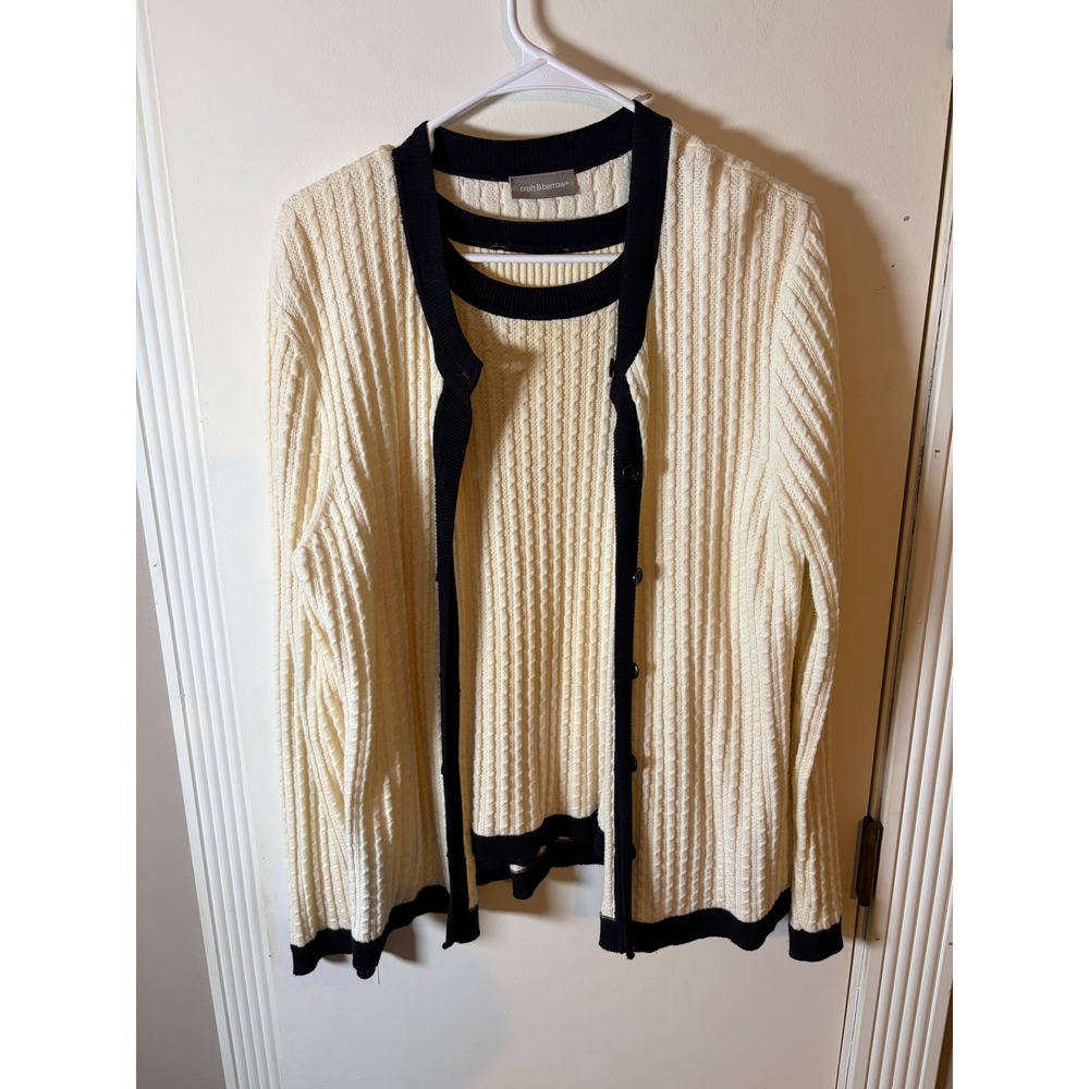 Croft & Barrow Cream Black Ribbed Sweater Set Cardigan Shell Twinset Womens